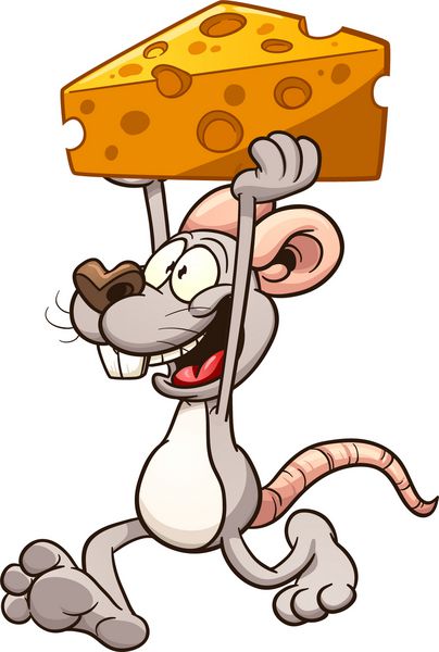 موش کارتونی در حال حمل یک تکه پنیر بزرگ وکتور وکتور کلیپ آرت با شیب های ساده موس بازوی جلو و پنیر روی لایه‌های جداگانه برای ویرایش آسان