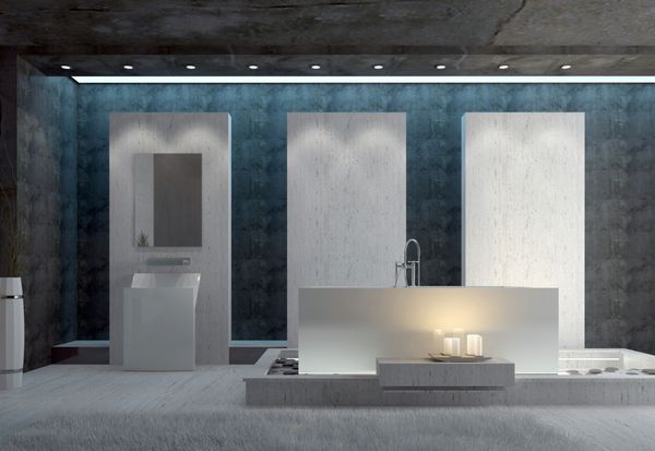 فضای داخلی حمام عاشقانه شیک سه بعدی با وان کامل با شمع های درخشان در کنار دکوراسیون سیاه و سفید رندر سه بعدی