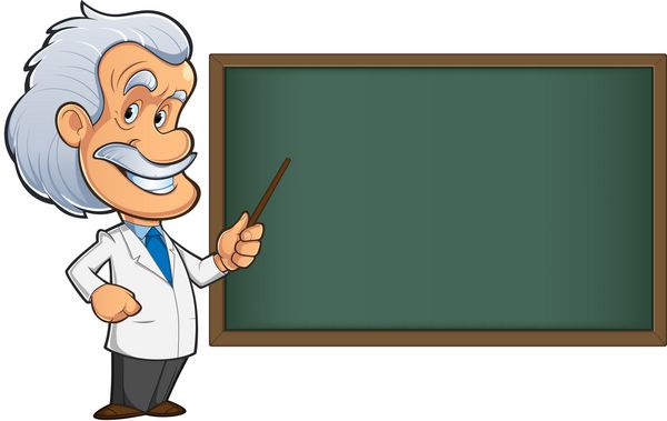 دانشمند یا معلم بامزه با موهای سفید و سبیل و تخته سیاه