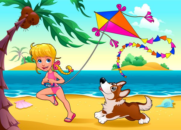 صحنه خنده دار با دختر و سگ در ساحل وکتور تصویر کارتونی