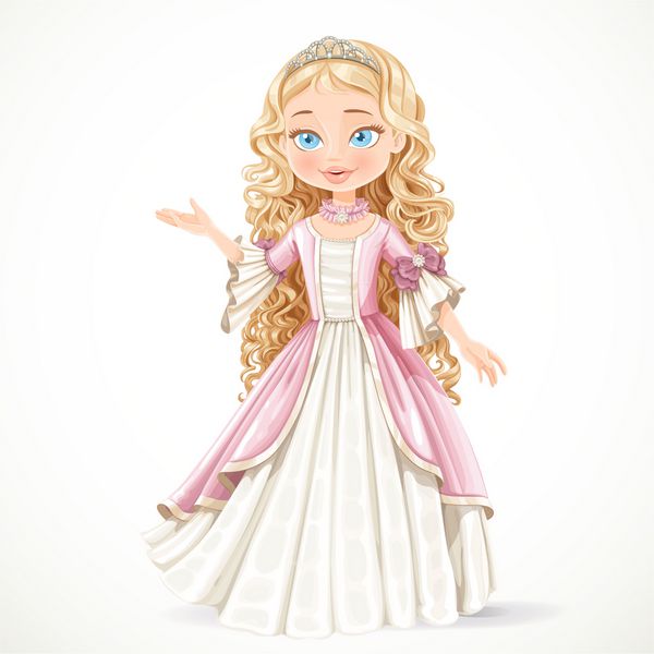شاهزاده خانم زیبای جوان با لباس صورتی و تاج می گوید جدا شده در پس زمینه سفید