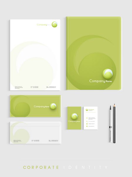 ارائه کیت هویت سازمانی زیبا شامل سربرگ پوشه فایل پاکت نامه و کارت ویزیت به رنگ سبز و سفید است