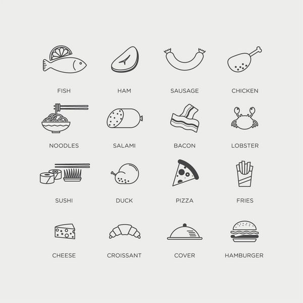 مجموعه آیکون خط گرافیکی وکتور مینیمالیستی از غذای آماده