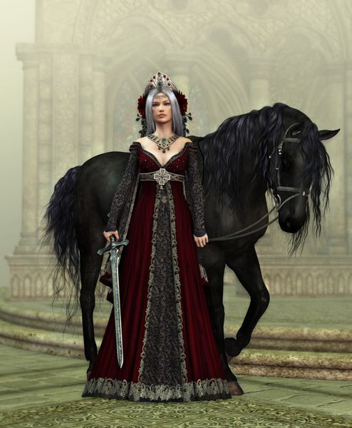 گرافیک کامپیوتری سه بعدی یک زن جوان با لباس قرون وسطایی و یک اسب سیاه