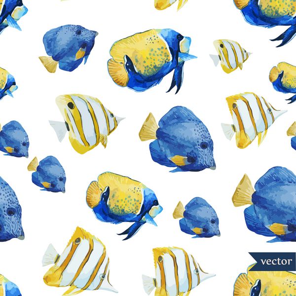گرمسیری ماهی اقیانوس دریا آبرنگ کاغذ دیواری پس زمینه بافت آبی زرد