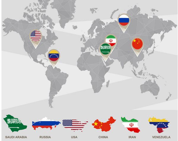 نقشه جهان با نشانگرهای عربستان سعودی روسیه ایالات متحده آمریکا چین ایران ونزوئلا کشورها بر اساس تولید نفت وکتور