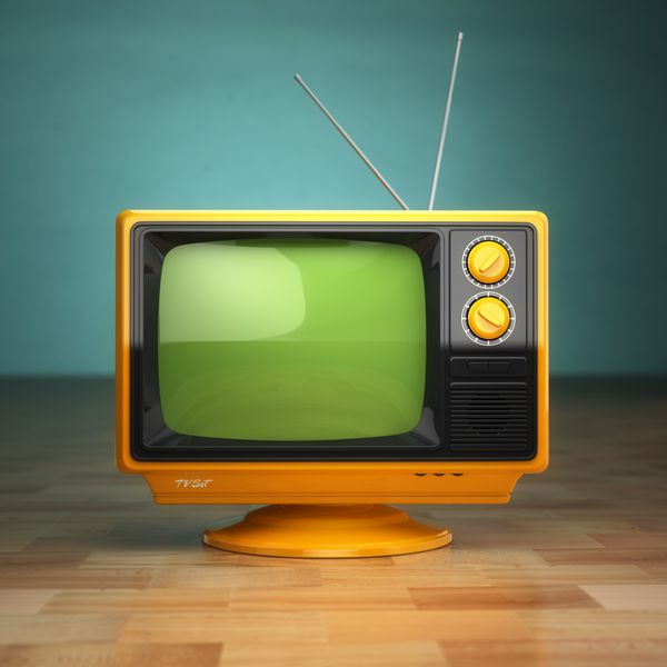 تلویزیون قدیمی رترو در پس زمینه سبز مفهوم تلویزیون 3 بعدی