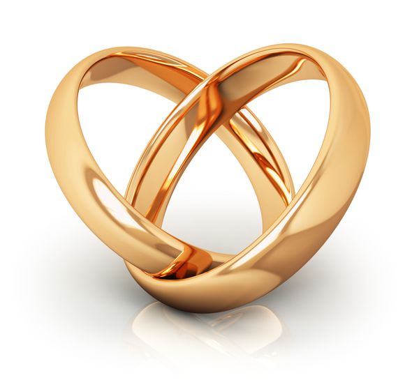 مفهوم عشق انتزاعی خلاقانه نامزدی خواستگاری و ازدواج نمای ماکرو از یک جفت حلقه ازدواج طلایی براق متصل به شکل قلب جدا شده در زمینه سفید با جلوه بازتاب