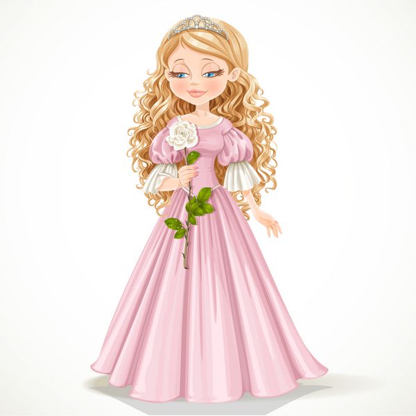 شاهزاده خانم متواضع زیبا با لباس صورتی و موهای بلند گل رز سفید روی یک ساقه بلند را تحسین می کند