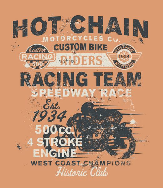 تیم مسابقه موتور سیکلت قدیمی - وکتور آثار هنری برای تی شرت پسرانه در رنگ های سفارشی افکت گرانج در لایه های جداگانه