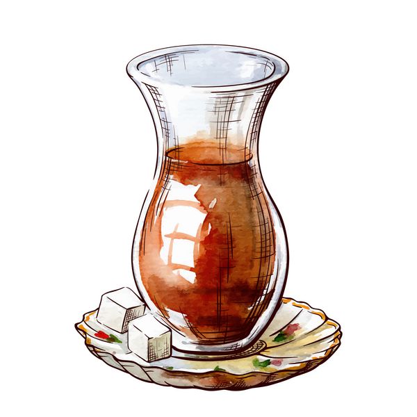 چای سیاه سنتی ترکیه در یک فنجان شیشه ای کوچک به شکل لاله سرو می شود طرح آبرنگ trd با طراحی خطی در یک لایه جداگانه در بالا جدا شده در زمینه سفید وکتور