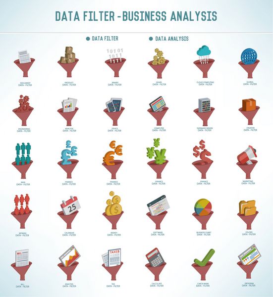 فیلتر داده مجموعه آیکون تحلیل کسب و کار طراحی سه بعدی وکتور تمیز