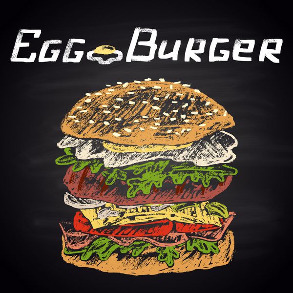 تصویر نقاشی شده با گچ رنگی از همبرگر تخم مرغ با متن