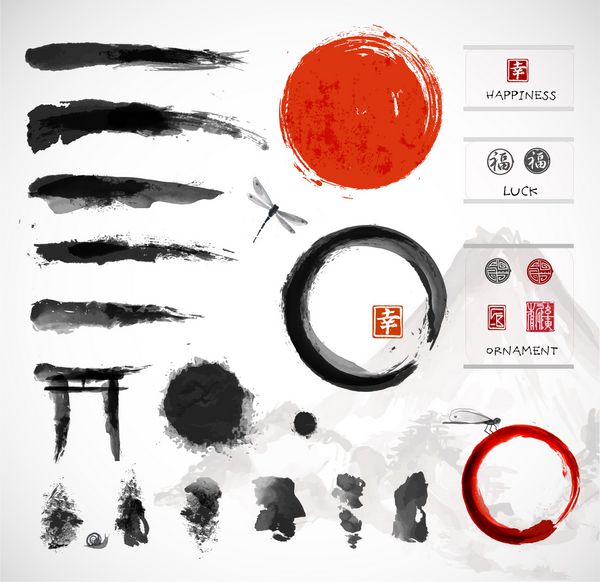 مجموعه ای از برس ها و دیگر عناصر طراحی با جوهر به سبک سنتی ژاپنی سومی ای طراحی شده است دایره قرمز - نماد ژاپن محافل enso zen هیروگلیف تمبرهای تزئینی وکتور