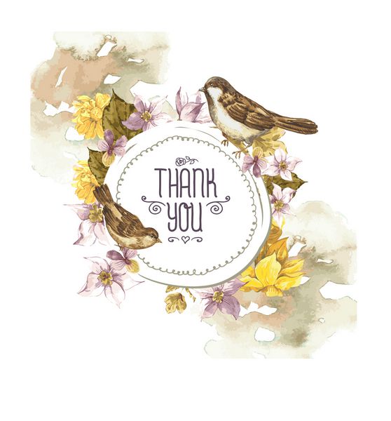کارت رترو گل بهاری با نرگس گل‌های وحشی و گنجشک‌های پرنده به سبک وینتیج با pl برای متن وکتور آبرنگ از شما سپاسگزارم