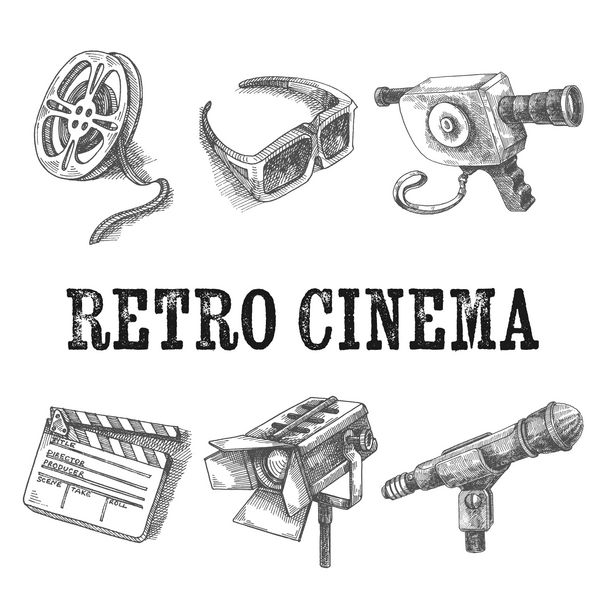 نمادهای سینمای رترو وکتور کشیده شده با دست