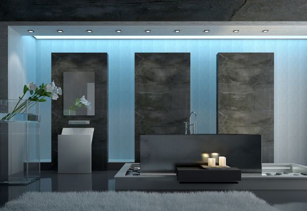 طراحی معماری معاصر حمام خاکستری با فرش خاکستری روی زمین شمع های روشن در نزدیکی وان و برش گل تازه در نزدیکی دیوار رندر سه بعدی