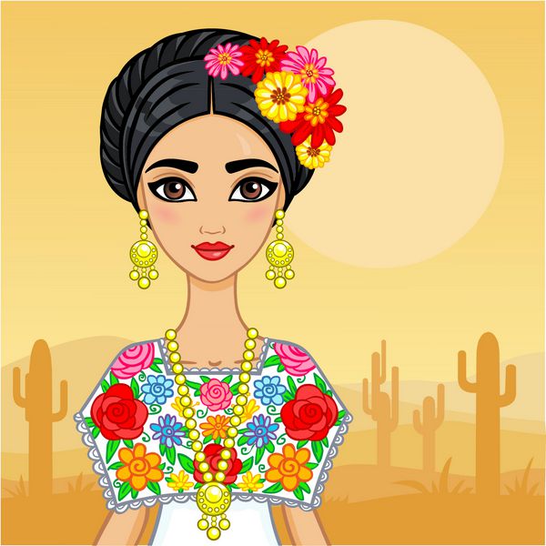 انیمیشن دختر مکزیکی با لباس قدیمی پس زمینه صحرا با کاکتوس
