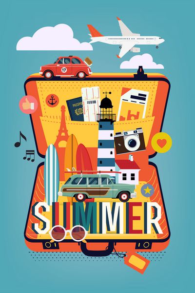طراحی مفهومی خلاقانه رنگارنگ جالب در سفر تابستانی با چمدان باز ماشین‌های رترو تخته موج‌سواری دوربین پو فانوس دریایی جت لاینر و موارد دیگر