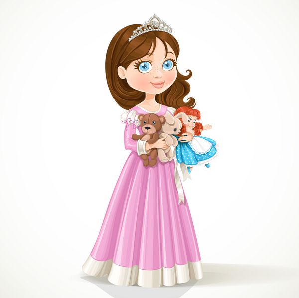 شاهزاده خانم کوچولوی زیبا با تاج تاج که اسباب بازی های نرم جدا شده در پس زمینه سفید را در دست دارد
