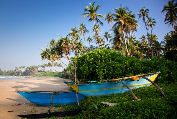 ساحل دست نخورده استوایی با قایق ماهیگیری در سریلانکا