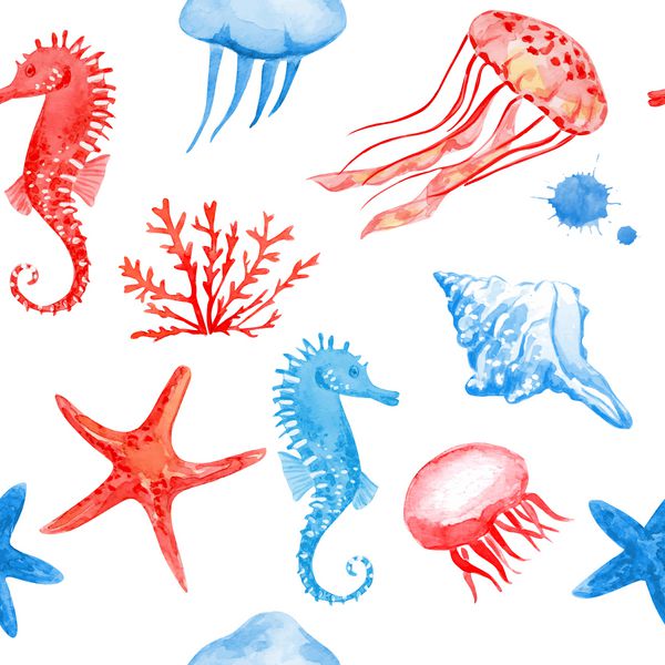 آبرنگ حیوانات دریایی پس زمینه وکتور بدون درز حباب لکه لکه رنگ