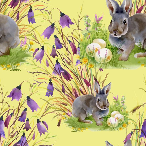 خرگوش کوچک با الگوی بدون درز آبرنگ تخم مرغ های تعطیلات عید پاک روی وکتور پس زمینه زرد