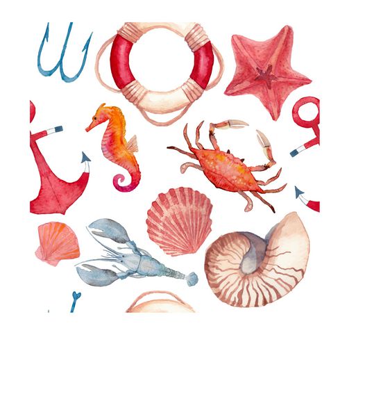 الگوی دریایی آبرنگ بافت بدون درز با اشیاء دریایی نقاشی شده با دست ستاره دریایی صدف حلقه نجات لنگر خرچنگ خرچنگ اسب دریایی وکتور پس زمینه دریایی