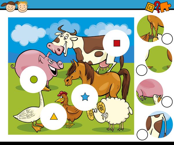 تصویر وکتور کارتونی بازی آموزشی مسابقه قطعات برای کودکان پیش دبستانی