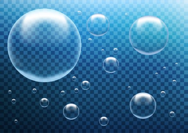 حباب‌های آب واقعی و شفاف گرد بر روی تصویر وکتور پس‌زمینه آبی انتزاعی