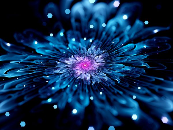 فراکتال گل آبی درخشان با ذرات درخشان با عمق میدان پس زمینه انتزاعی کامپیوتری