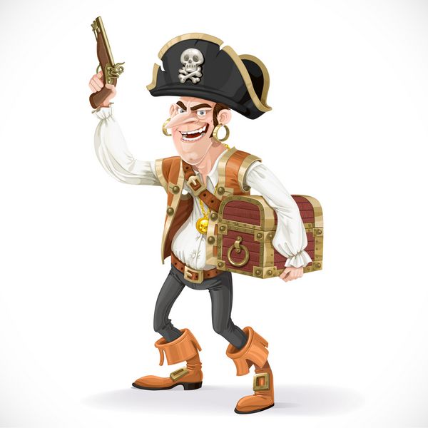 دزد دریایی ناز با یک تفنگ صندوق گنج بزرگ جدا شده در پس زمینه سفید را به خود فشار داده است
