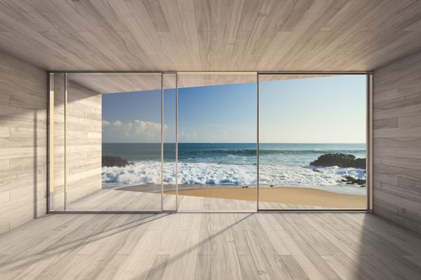 فضای استراحت مدرن خالی با پنجره بزرگ خلیج و منظره دریا رندر سه بعدی