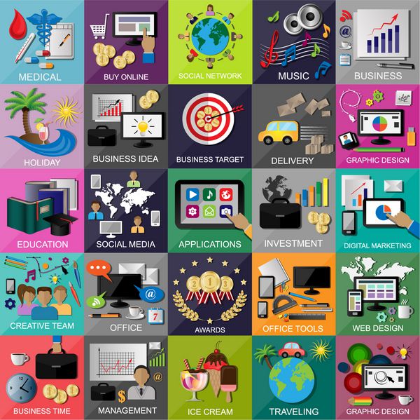 مجموعه آیکون های تخت برای طراحی وب رسانه های اجتماعی بازاریابی دیجیتال مدیریت ابزارهای اداری شبکه های اجتماعی - جدا شده در پس زمینه - تصاویر وکتور طراحی گرافیکی قابل ویرایش برای طرح شما