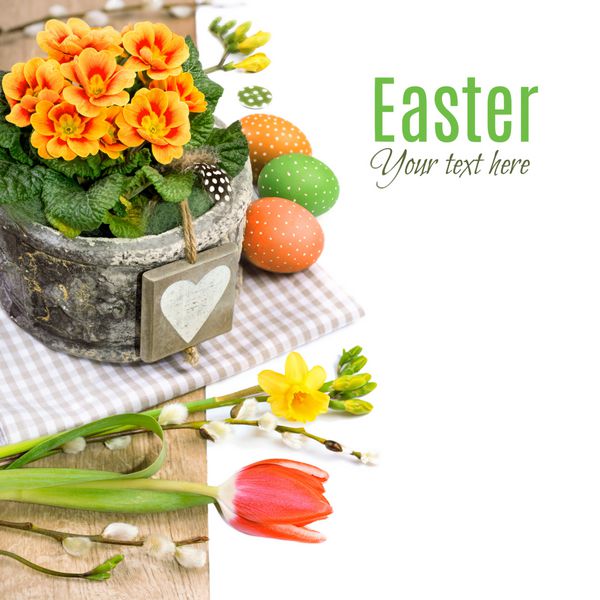 حاشیه عید پاک با گل پامچال گل های بهاری و تزئینات طبیعی در زمینه سفید sp برای متن شما