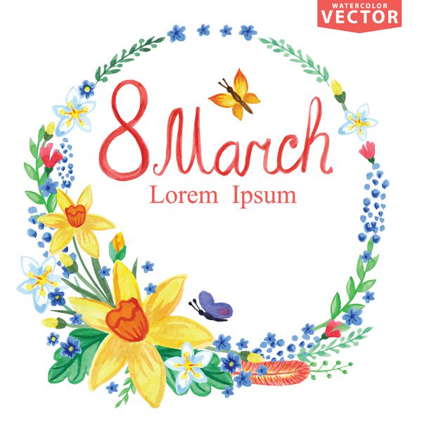 کلمات بهار با تاج گل آبرنگ شاخه ها برگ ها حشرات برای پوستر کارت تبریک با 8 مارس روز زن پس زمینه فصلی وکتور قدیمی