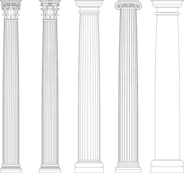 مجموعه ای از ستون های دوریک یونی و کورنتی ستون های کلاسیک به سبک یونان باستان