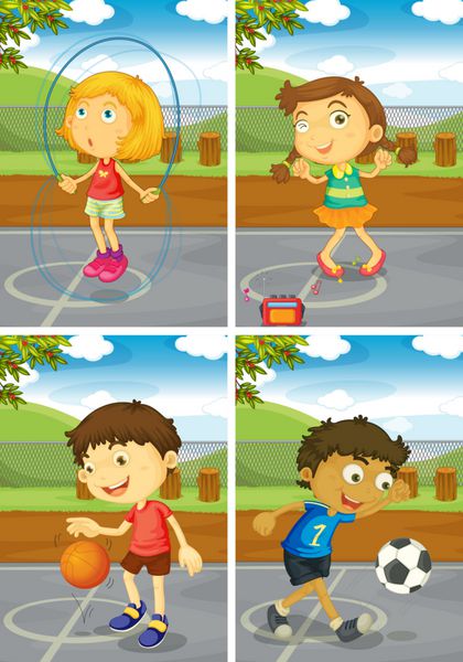 تصویر چهار کودک در حال انجام ورزش های مختلف