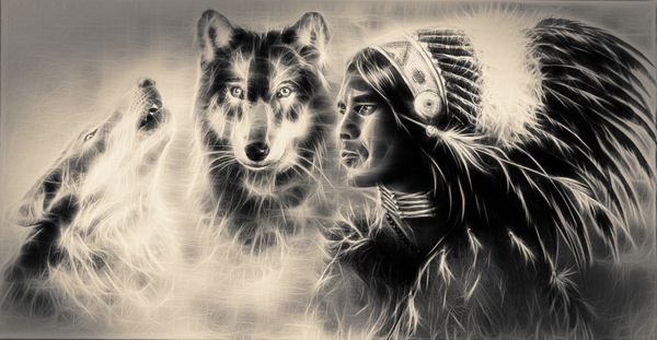 یک نقاشی با قلم مو زیبا از یک جنگجوی هندی جوان همراه با دو گرگ