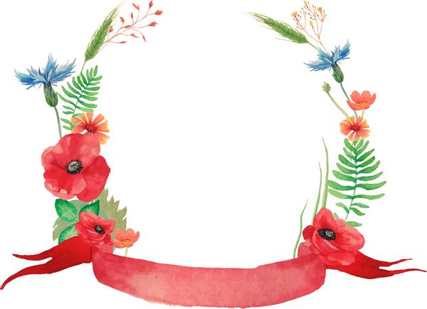 تاج گل تابستانی آبرنگ با گل های مزرعه و گیاهان خشخاش گل ذرت سنبلچه مزرعه دم اسبی کره و روبان قدیمی قرمز رنگ شده با دست وکتور قاب گل