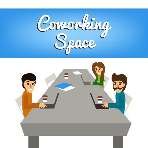 وکتور coworking sp با دو مرد و زن نشسته پشت میز با لپ تاپ