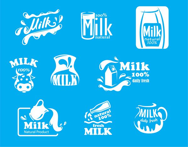 نمادهای شیر آبی و سفید نمادها یا آرم های لبنیات طراحی غذای مزرعه