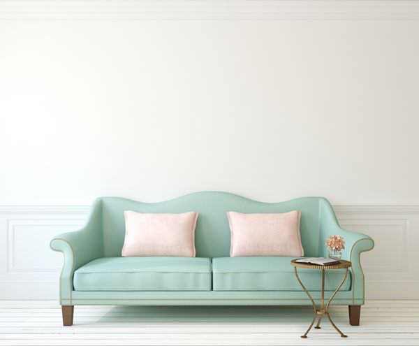 فضای داخلی رمانتیک با کاناپه آبی در نزدیکی دیوار سفید خالی رندر سه بعدی