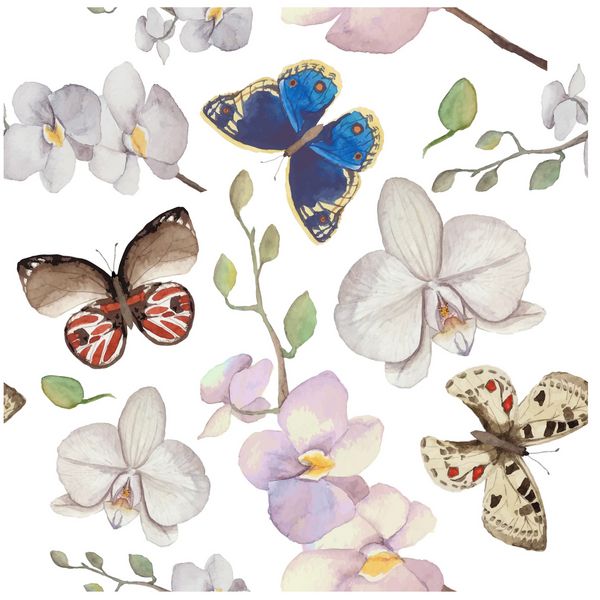 الگوی طبیعی آبرنگ با گل های ارکیده و پروانه بافت بدون درز با عناصر گل و گیاه پروانه های مختلف وکتور پس زمینه طراحی شده با دست