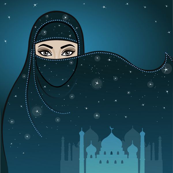 انیمیشن زن عرب برقع پوش آسمان ستارگان شب بر فراز شهر