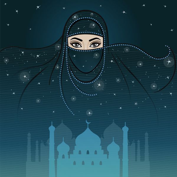 انیمیشن زن عرب در برقع آسمان ستاره ای شب بر فراز شهر
