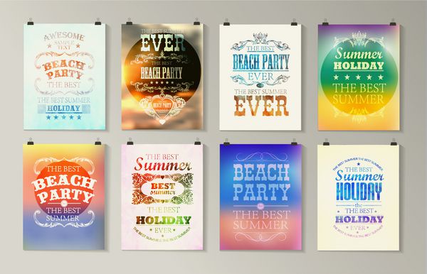 پوستر چاپی طراحی رترو عناصر برای تعطیلات تابستانی با پس زمینه رنگارنگ طرح ها و زیورآلات خوشنویسی