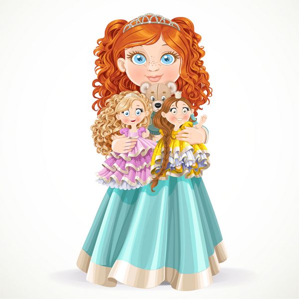 دختر شاهزاده خانم با موهای قرمز ناز که عروسک های جدا شده روی پس زمینه سفید را در آغوش گرفته است