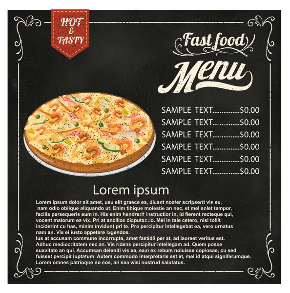 پیتزا منوی فست فودهای رستوران با فرمت وکتور تخته سیاه