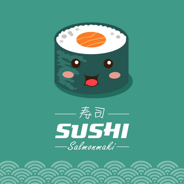 وکتور تصویر شخصیت کارتونی سوشی salmonmaki به معنای رول ماهی قزل آلا است کلمه چینی به معنای سوشی است